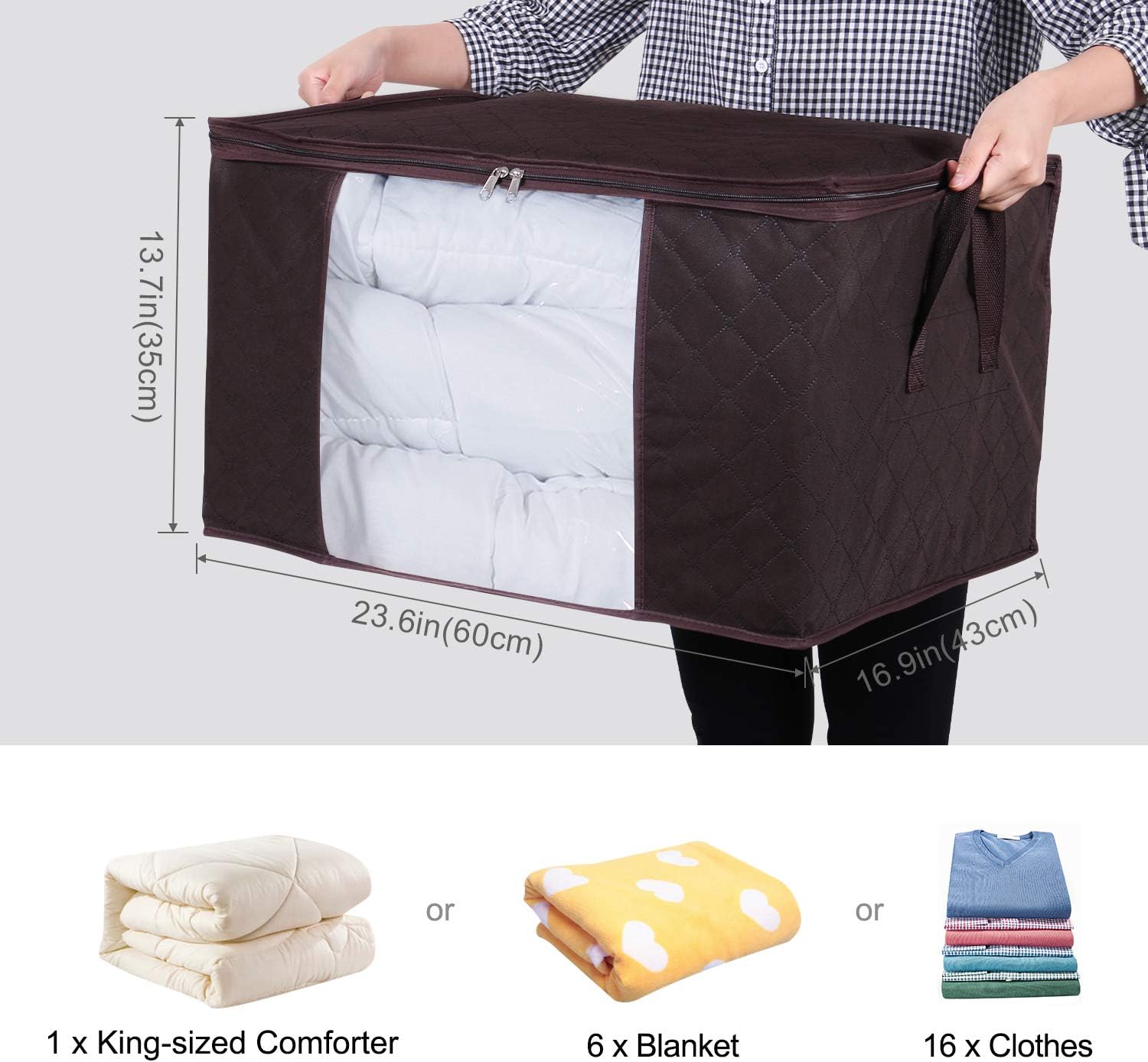 Lifewit Large Capacity Clothes Storage Bag Organizer with Reinforced Handle Thick Fabric for Comforters, Blankets, Bedding, Foldable with Sturdy Zipper, Clear Window, 3 Pack, 90L, Brown
