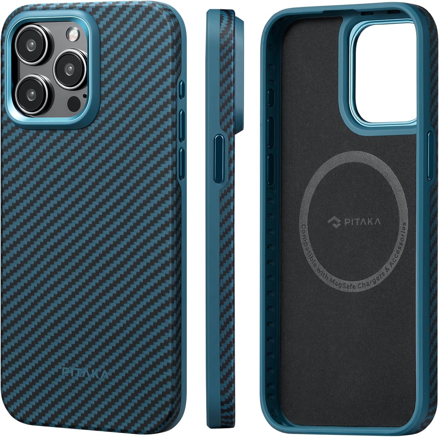 pitaka Protective Case for iPhone 15 Pro Max, 6.7 Inch, Military Grade Shockproof iPhone 15 Pro Max Phone Case, [MagEZ Case Pro 4] 1500D Aramid Fiber, Black/Blue (Twill)