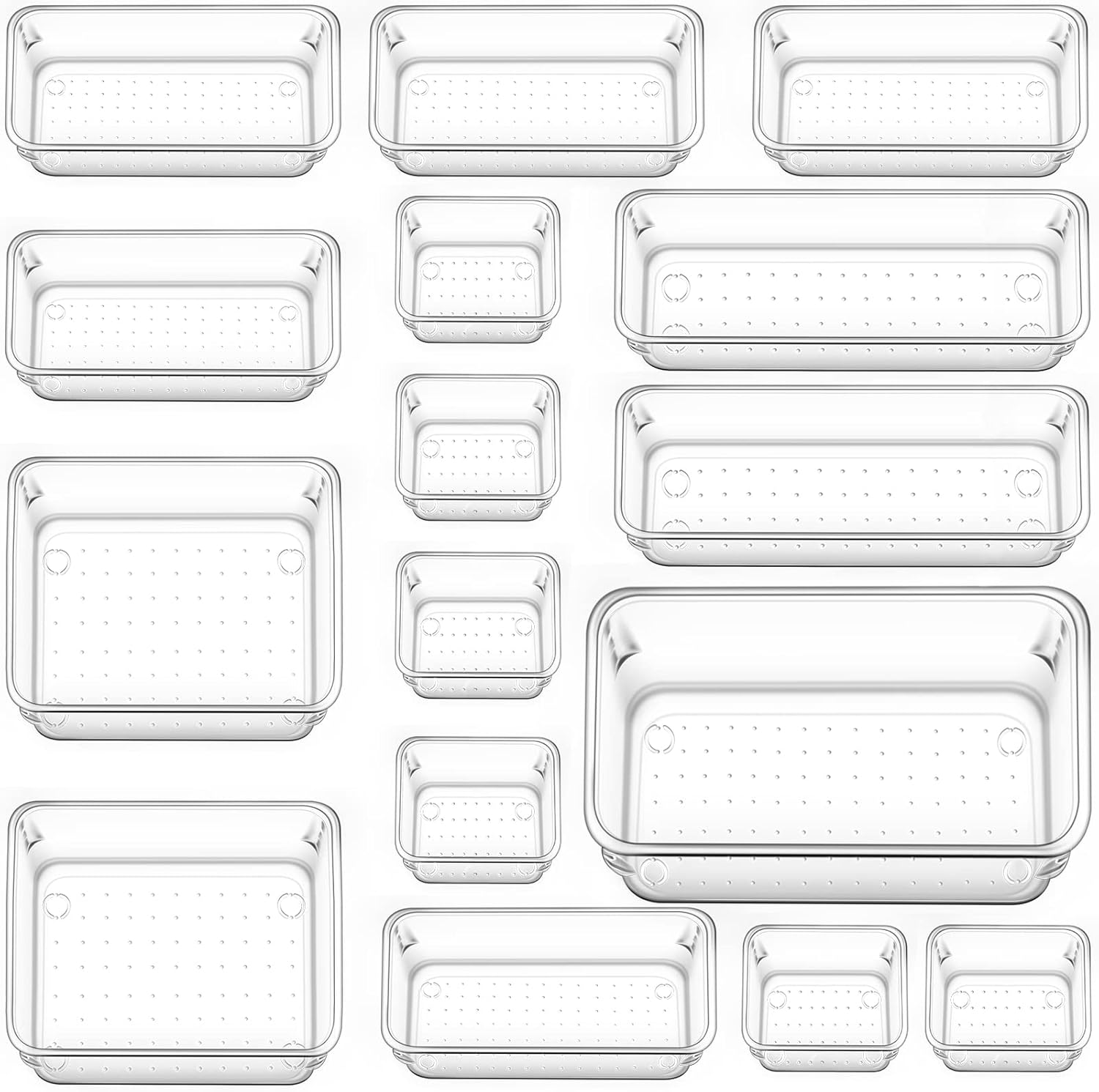 16 PCS Clear Plastic Drawer Organizer Set, 5Size Desk Drawer Divider Vanity Drawer