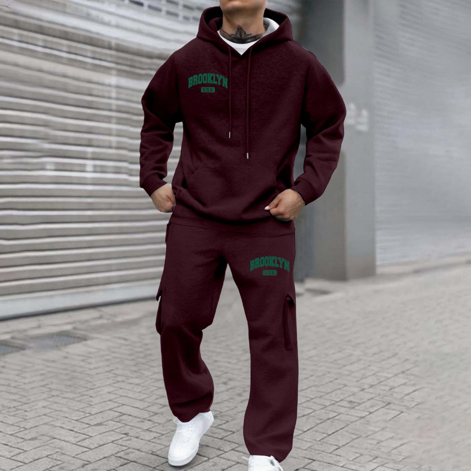 Generisch Męski dres do joggingu, bluza z kapturem, spodnie do biegania, jednokolorowy, dres treningowy, strój rekreacyjny, przewiewna bawełna, ciepła bawełna Y2K, kieszenie, kaptur, zestaw dresowy