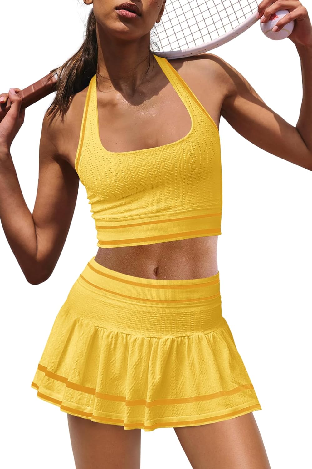 Panadila Women 2 Piece Tennis Skirt Sets Workout Set Halter Sports Bra and Golf Skort Athletic Outfits