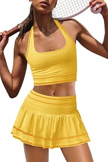 Panadila Women 2 Piece Tennis Skirt Sets Workout Set Sports Bra and Skort | Halter Bra,Golf Skort,Athletic Outfits,Matching Set,Built in Shorts,Golf Outfits,Pickleball,Gym,Supportive,Summer Set