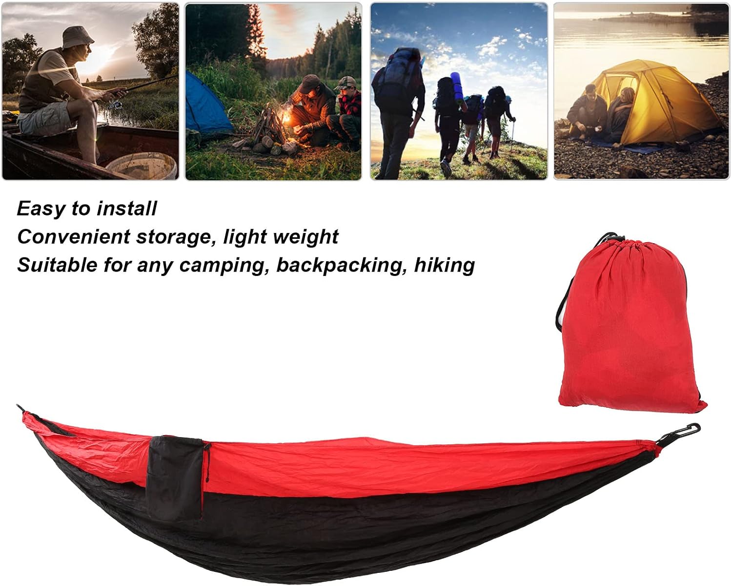 Camping Hammock for 2 Person, Portable Parachute Nylon Hammock, Double Outdoor Hammock with Mountaineering Buckles, Lightweight Backpacking Hammock for Camping Hiking (Red and Black)