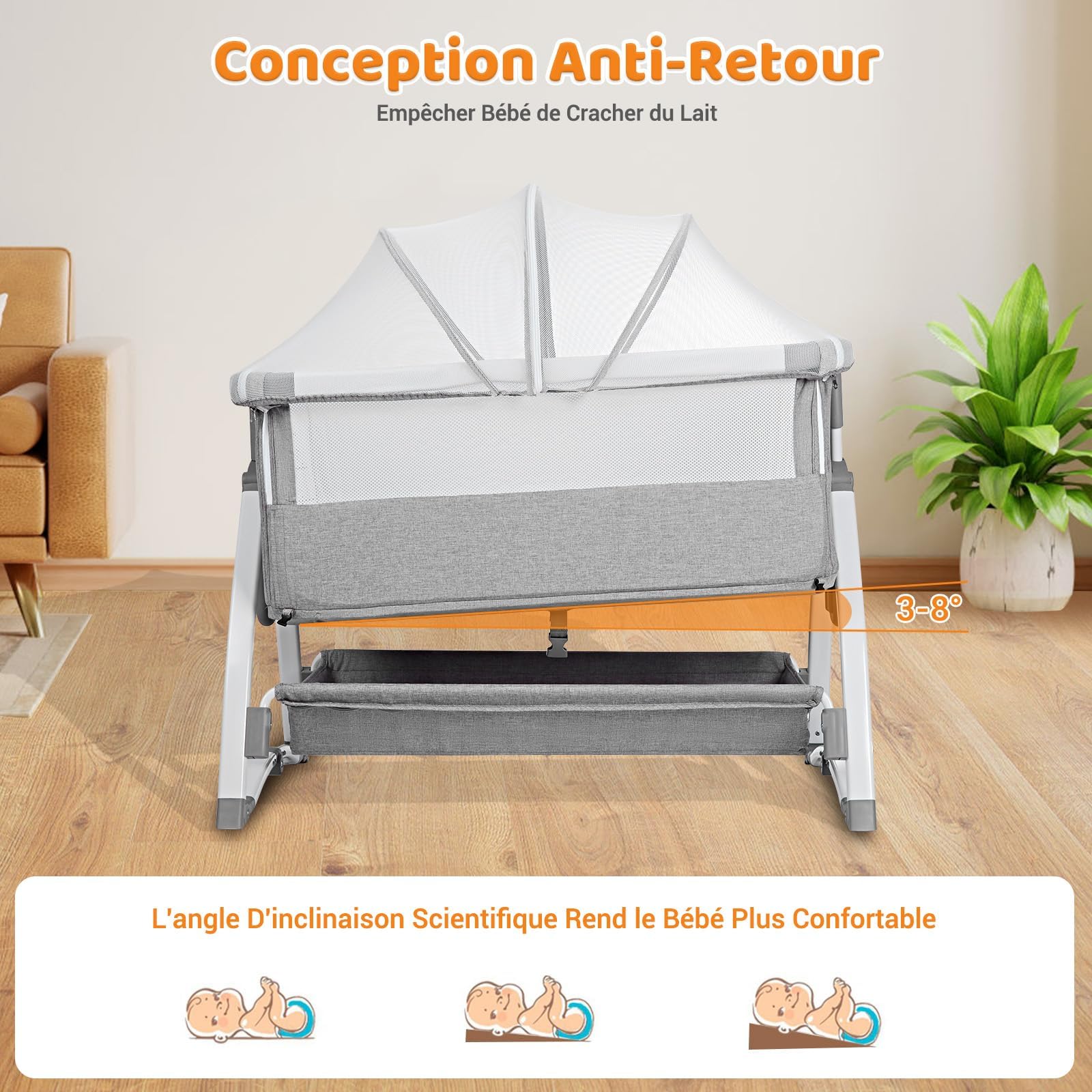 GarveeHome 3 in 1 Baby Beistellbett, Klappbares Beistellbett, Babywiege Mit Matratze Und Moskitonetz, Höhenverstellbar, Mit Reisetasche, Für Babys Von 0 Bis 36 Monaten, Hellgrau