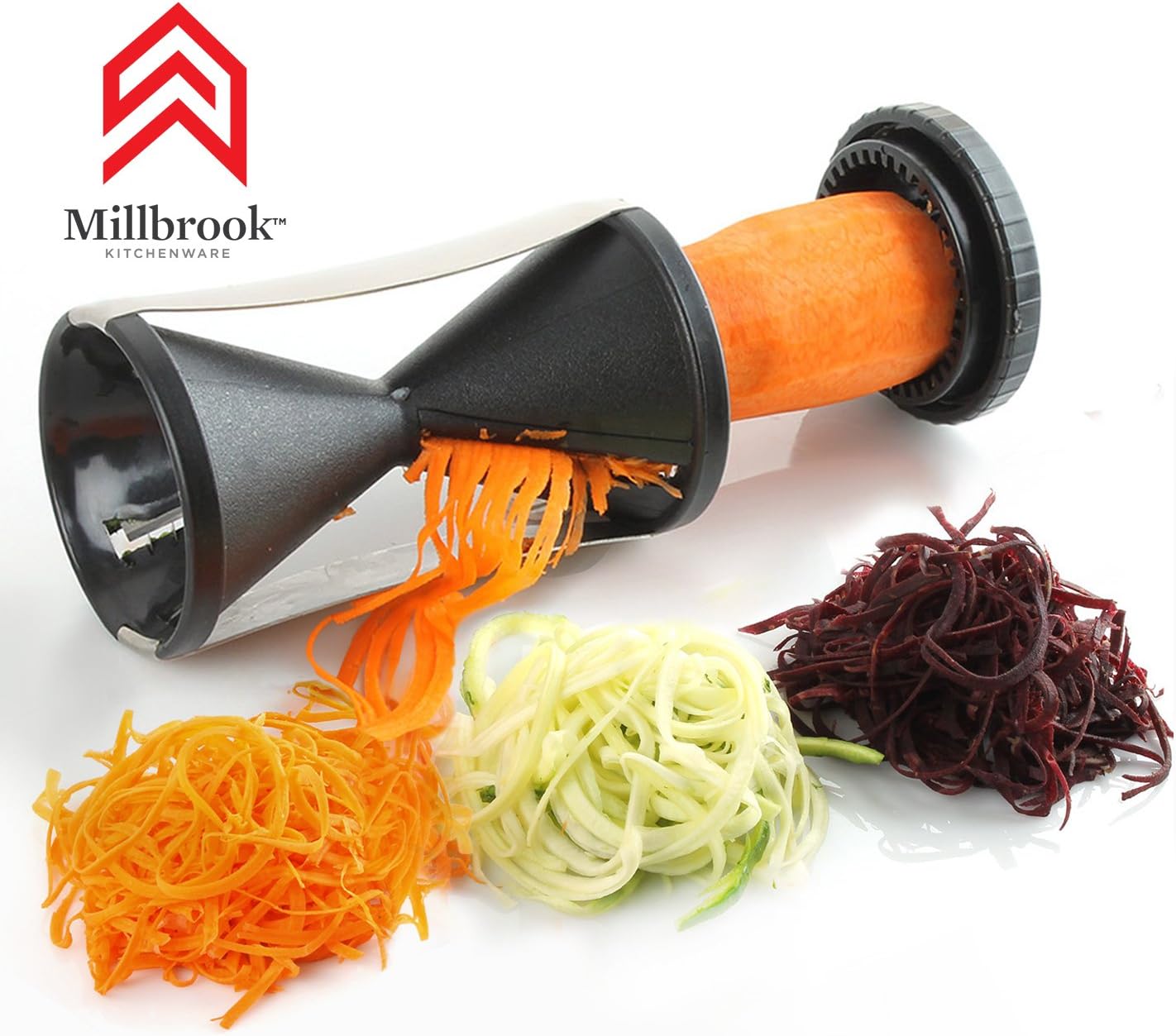 Millbrook (TM) Handheld Spiral Vegetable Slicer – Julienne Spiralizer ~ Commercial Grade ~ Has Dual Japanese Stainless Steel Blades