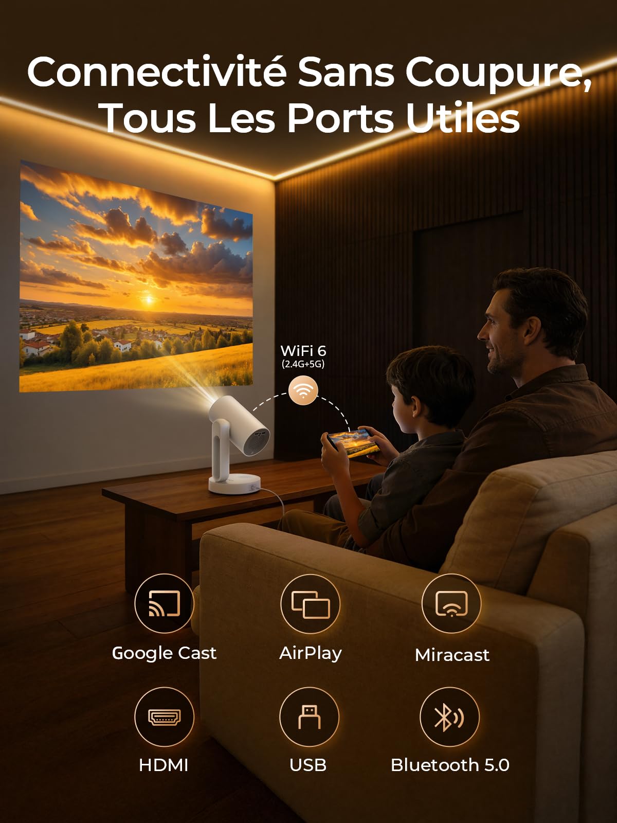 Projecteur Video 4K Supporté,Google TV, Auto Focus/Keystone WiFi Bluetooth FHD 1080P, Video Projecteur avec Rotatif 140°, Veilleuse Tactile ETOE Starfish Plus 300 ANSI Retroprojecteur ​Home Cinéma