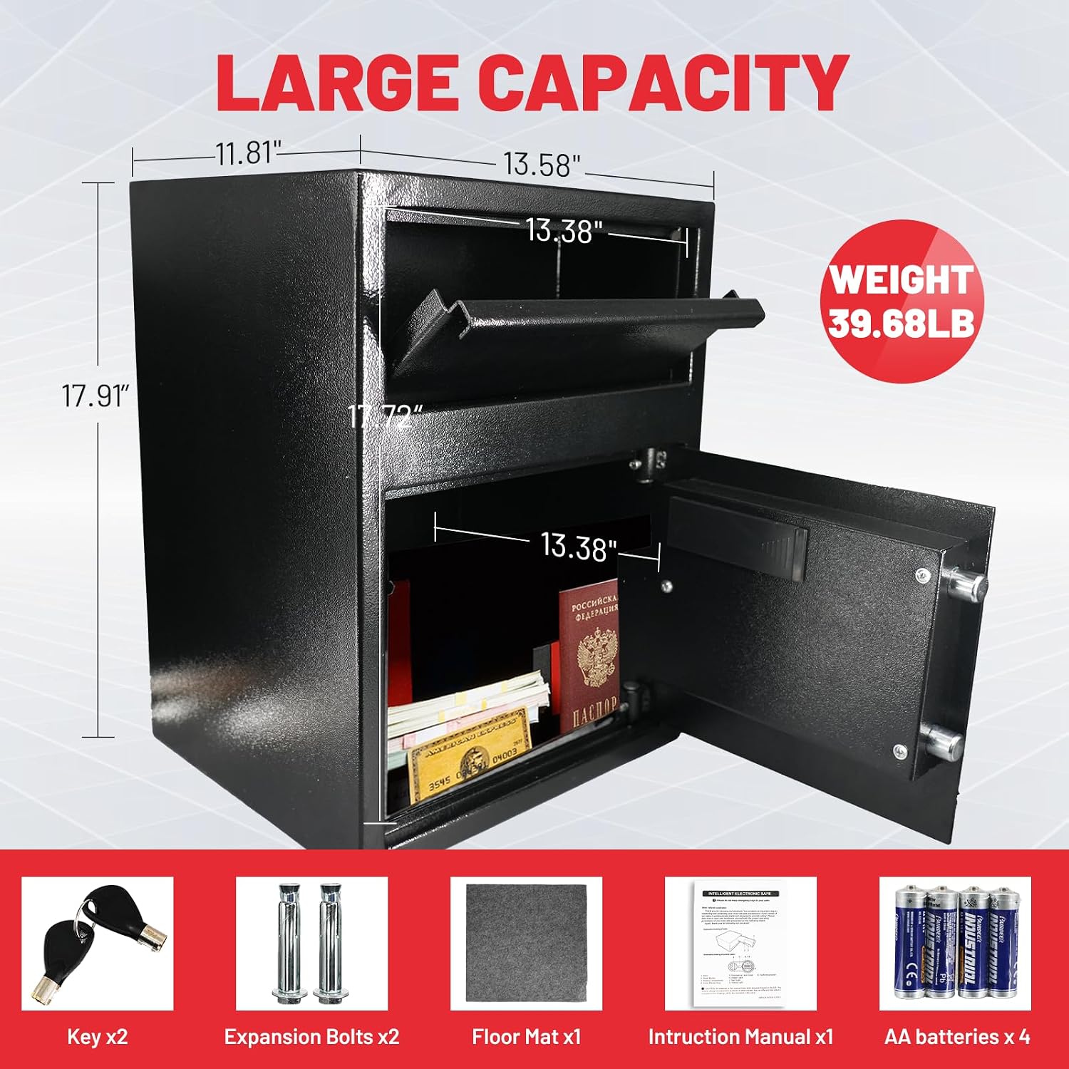 ZKH Drop Safe, 1.3 Cu.ft Deposit Drop Slot Safes for Money with Digital Combination Lock & Spare Keys, Security Home Safe for Cash, Documents, Jewelry, Valuables
