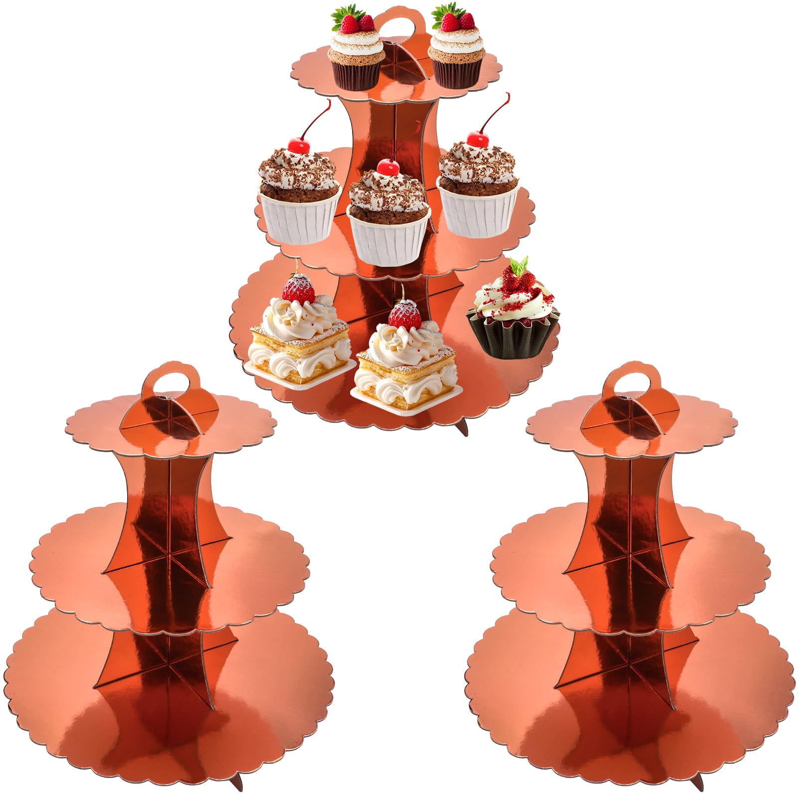 LHNNDM 3 PACK Cardboard Cupcake Stand 3- Tier lace edge Dessert Stand, Cardboard Cupcake Stand (Rose Gold)