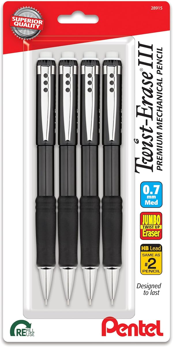 Pentel Twist-Erase III Mechanical Pencil, (0.5mm), Fine Line, Black Barrel, Pack of 4 (QE515BP4A)