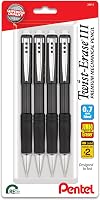 Pentel Twist-Erase III 0.5mm Mechanical Pencils, Black Barrel Pack of 4 - Break-Resistant Lead, Twist-Up Eraser, Comfort Grip