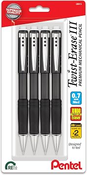 Pentel Twist-Erase III Mechanical Pencil, 0.5mm, Fine Line, Black Barrel, Pack of 4 QE515BP4A