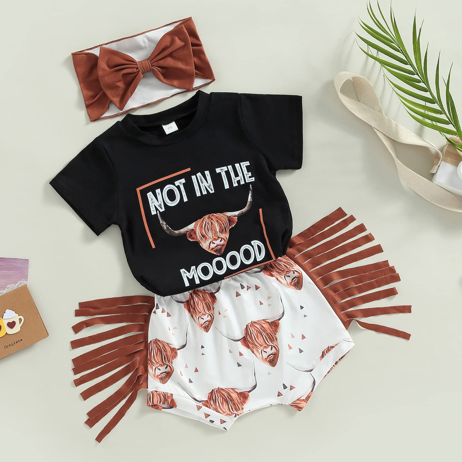 Western Baby Girl Clothes Boho Cow Print Short Sleeve T Shirt Top + Bloomer Shorts Set Infant Summer Outfits (A-Black, 12-18 Months)