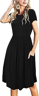 Womens Summer Pocket Knee Length Teacher Casual Dress Spring Modest Knit Fit Flare Short Sleeve Midi Work Travel Outfits - Buy now