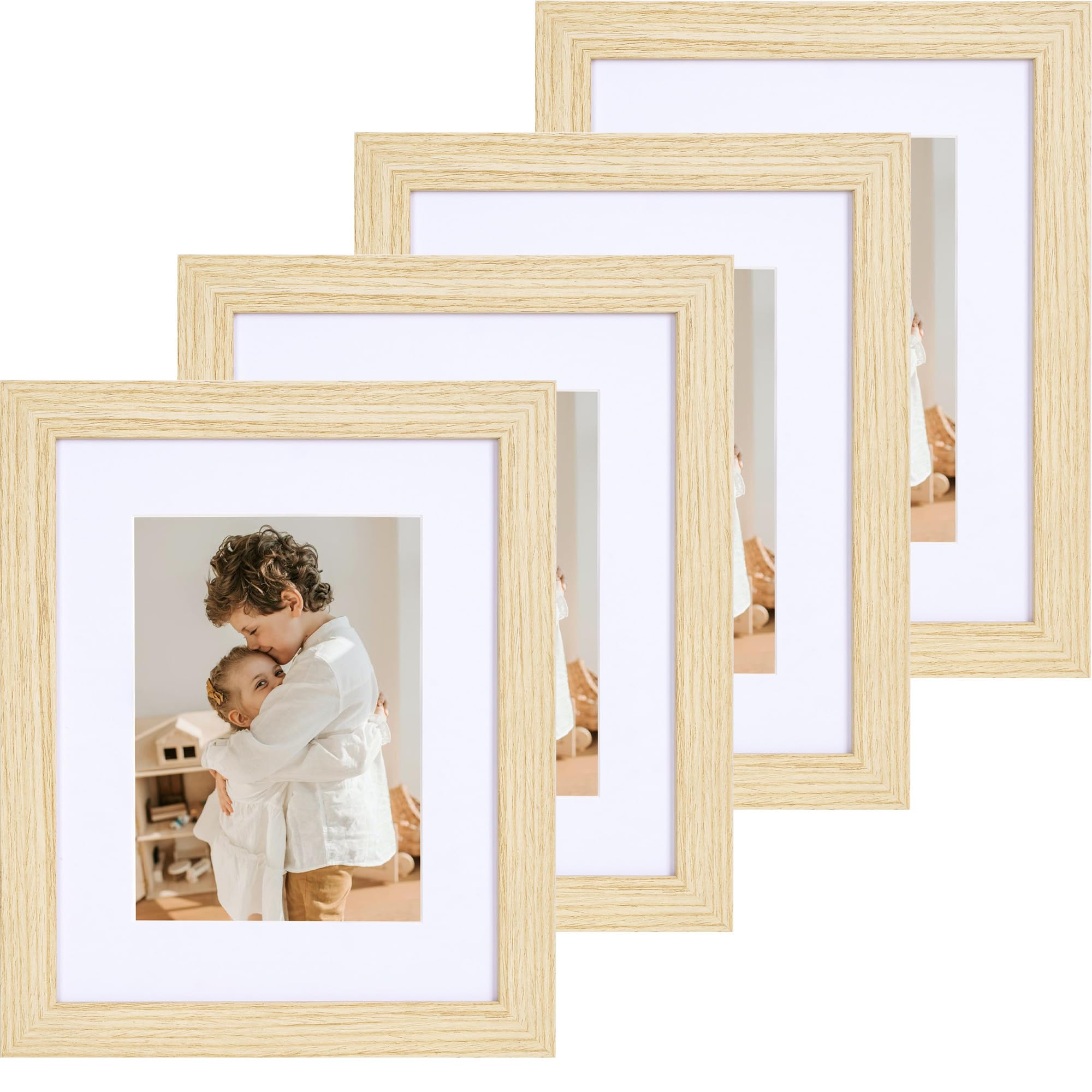 Iadefan 8x10 Picture Frame set of 4, Natural Wood Rustic 8 by 10 Photo Frames with Plexi-glass, Display 5x7 with Mat or 8x10 Without Mat, Tabletop Display or Wall Hanging.
