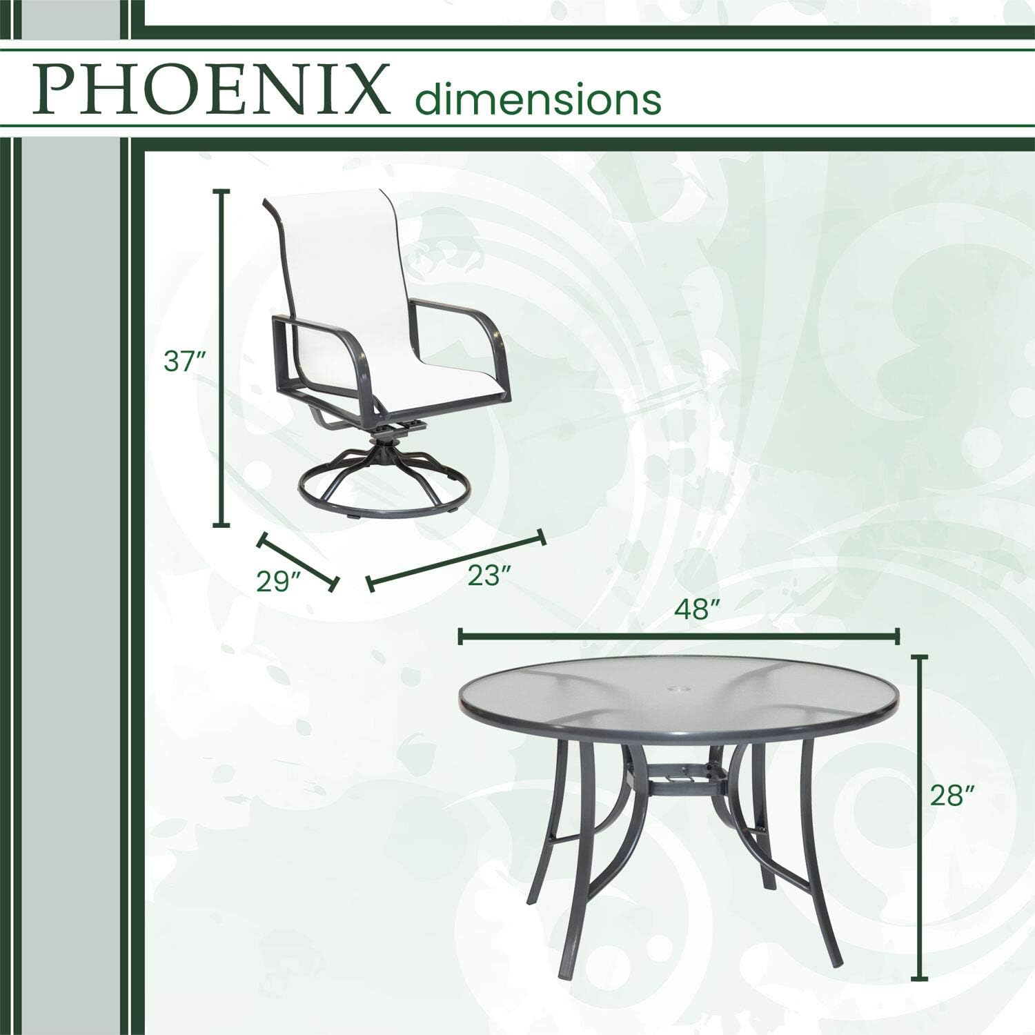 Hanover Phoenix 5-Piece Se Aluminum Sling Swivel Rocker Chairs and 48" Round Glass Table, Outdoor Dining Set for 4, Modern Patio Furniture for Backyard, Porch & Deck, White/Grey : Patio, Lawn & Garden