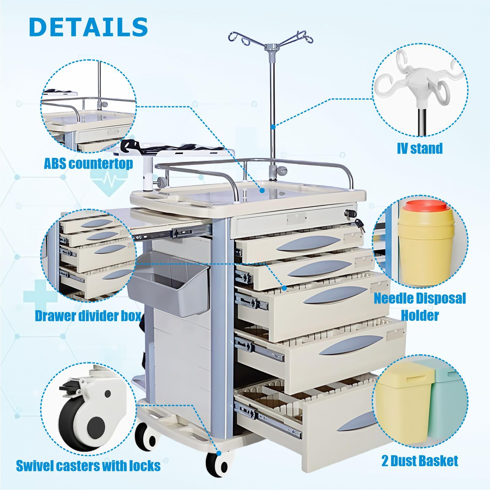 Carrello di emergenza con accessori IV Pole, scheda cardiaca, supporto O2, carrello mobile, bidone della spazzatura, cassetto per clinica, centro infermieristico, 76,2 cm L x 48,3 cm L x 96,5 cm H