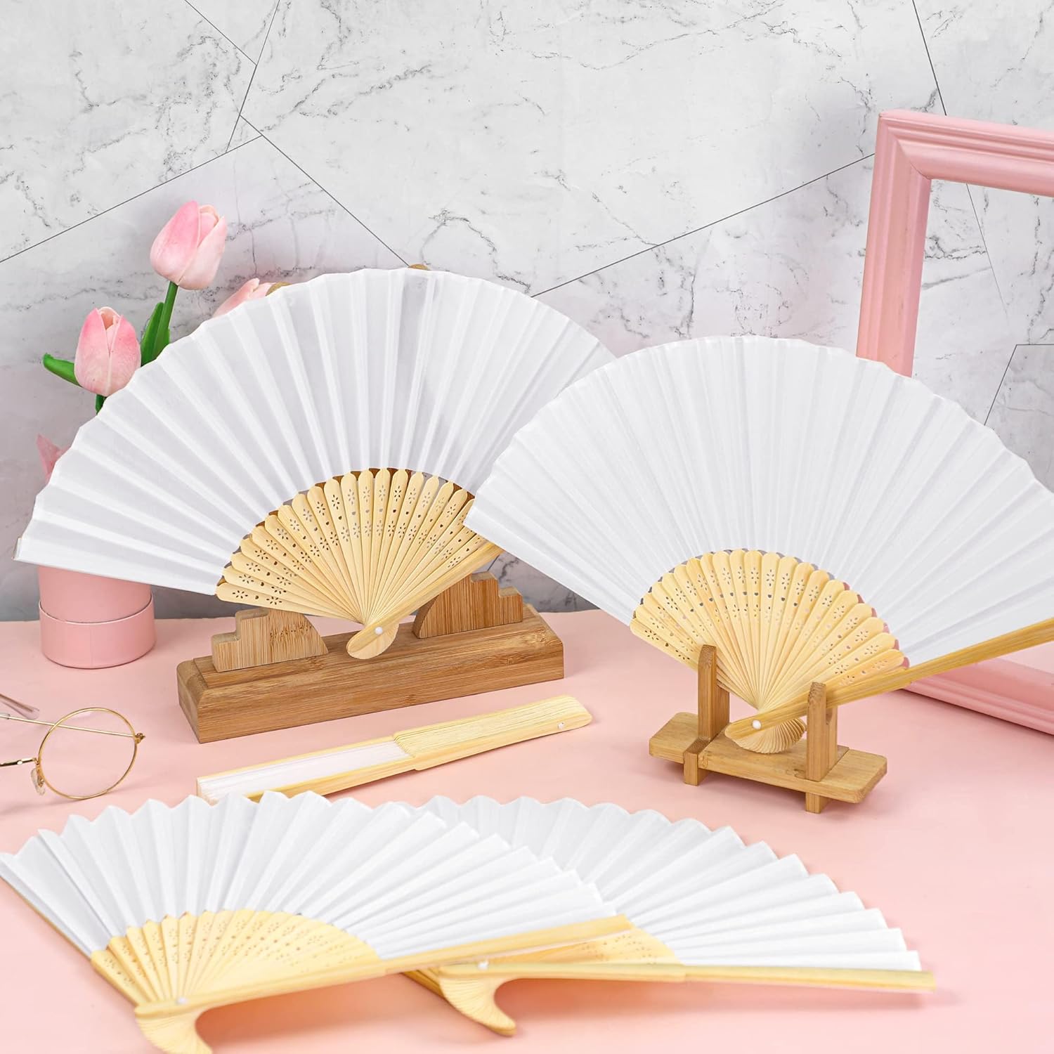 MCEAST 160 Pieces Handheld Fans Silk Bamboo Folding Hand Fans Silk Fabric Folding Fans with Organza Bags for Church Wedding Party Favors Bridal Dancing Props, White
