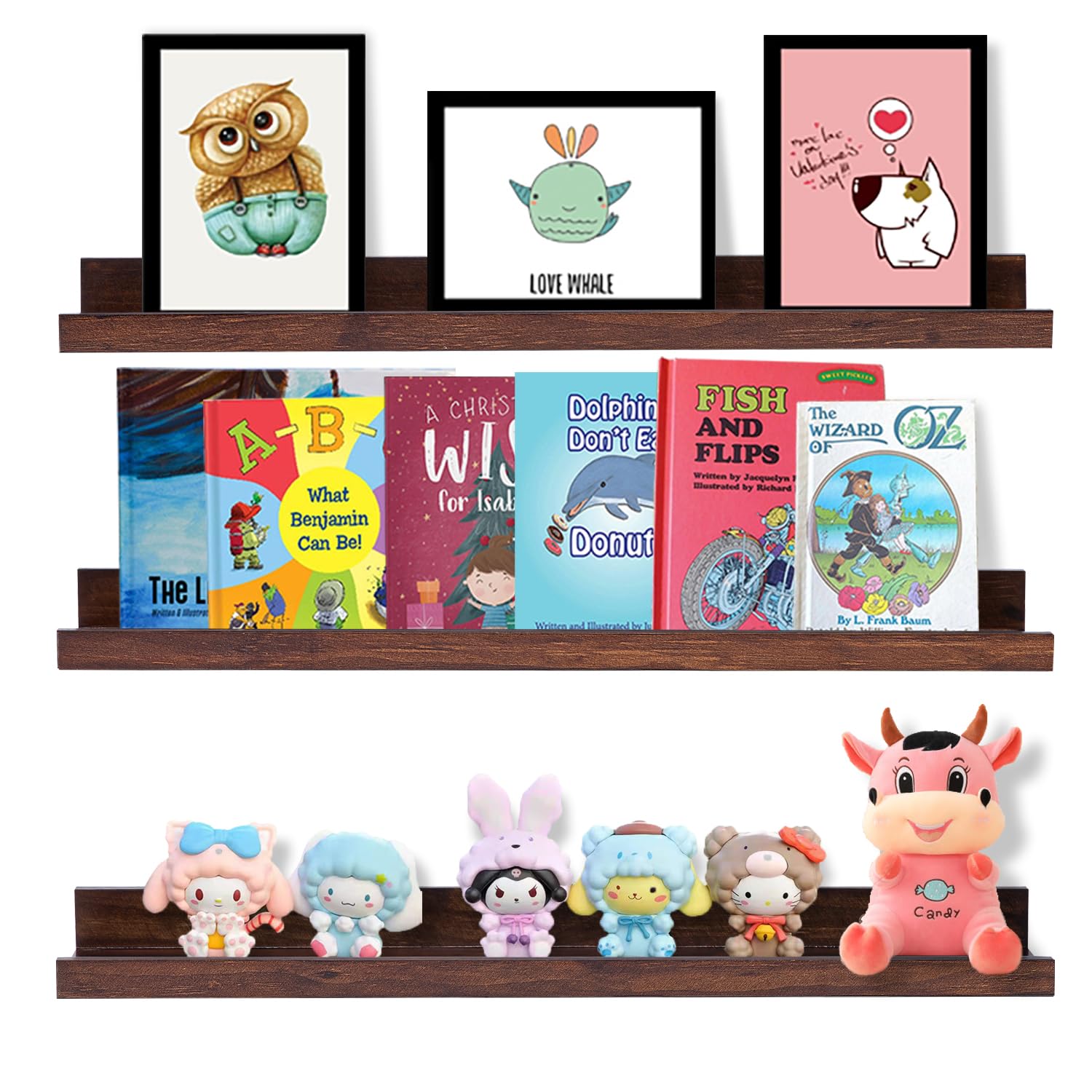 AZSKY Walnut Floating Shelves 24 Inch Picture Ledge Shelf for Wall Photo Shelves with Lip for Pictures Nursery Room Bookshelf Wood Wall Shelves Set of