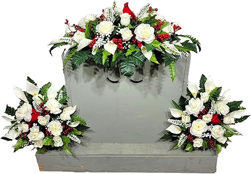 Miniatura 1 de Realistic Artificial Cemetery Flowers - Silk Faux Floral Cream Rose and Calla Lily with Red Berries and a Cardinal - Bouquet Pair for Grave -