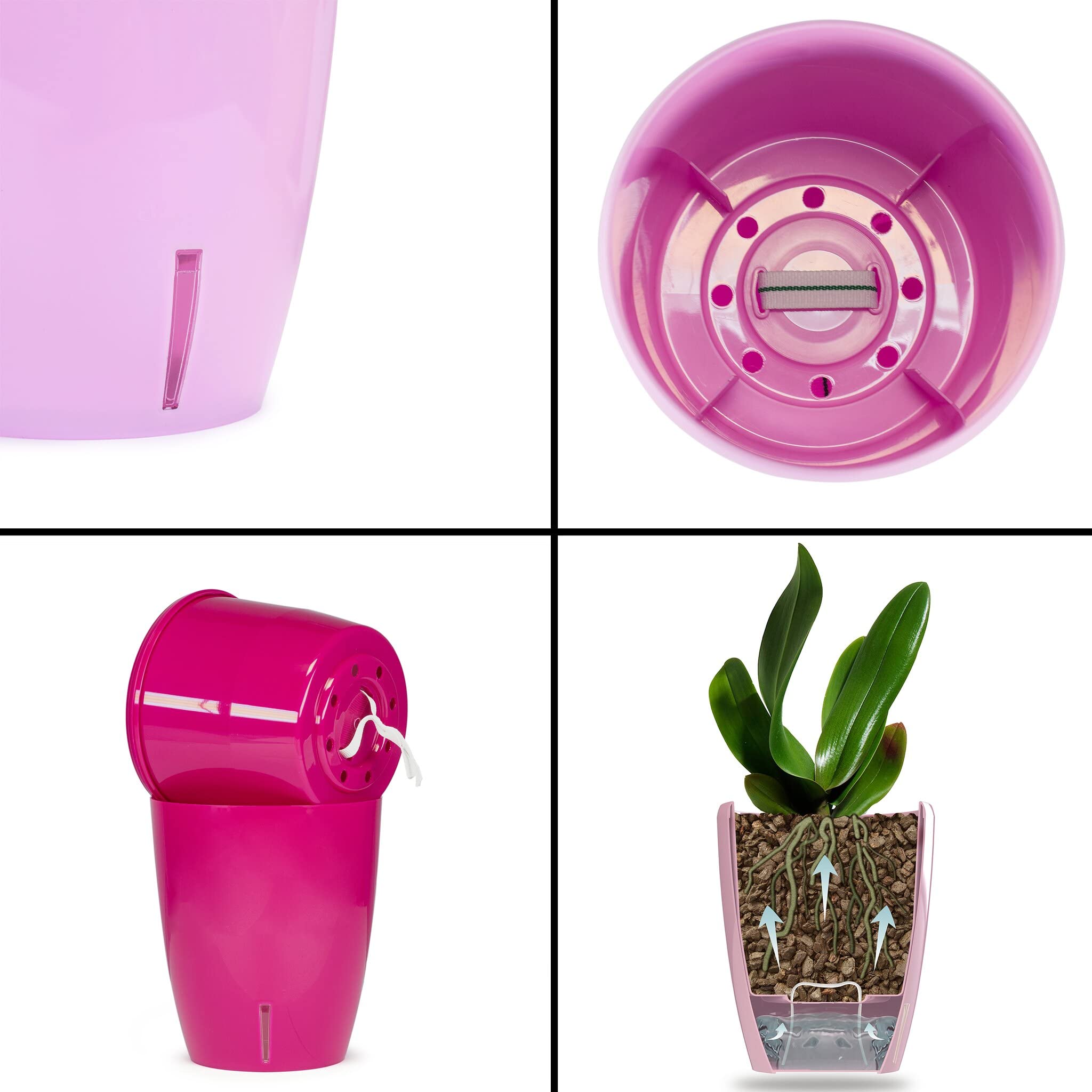 Santino Set di 4 Vasi Auto-irriganti con Sistema a Fiocco e Indicatore del Livello dell'Acqua per Uso Interno, Vaso per Orchidee Diametro 16,5 cm (Bianco - 3,3 L)