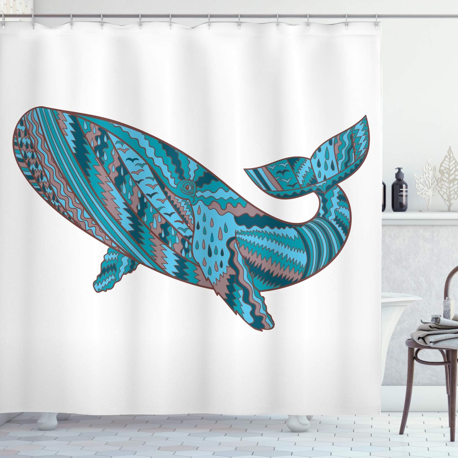 Ambesonne Modern Shower Curtain, Humpback Whale by Abstract Sea Underwater Artwork Print, Cloth Fabric Bathroom Decor Set with Hooks, 69" W x 84" L, Rose Teal