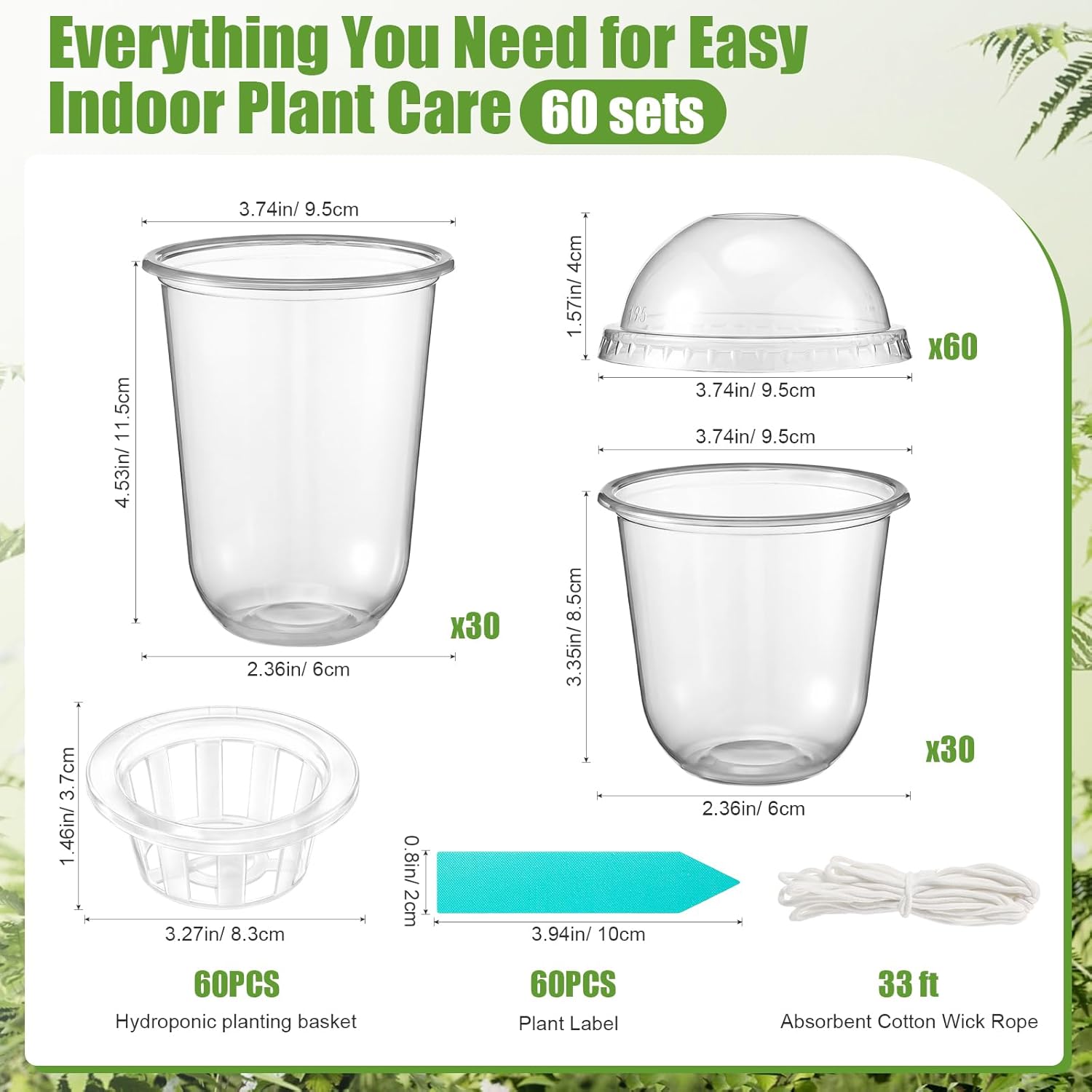 60 Packs 3.3" 4.5" Plastic Clear Nursery Pots with Humidity Dome Self Watering Seed Starter Pots Kits Hydroponic Basket Plant Labels Automatic Watering Container for Planting Seedling