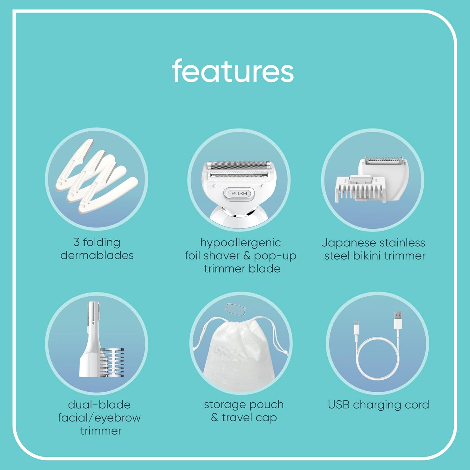 Conair Girlbomb All-in-One Shave & Trim System, Foil Shaver and Dual-Blade Face & Eyebrow Trimmer, Bikini Trimmer for Women, Gentle Hair Removal, Lithium-Ion Rechargeable with USB Charging Cord, White