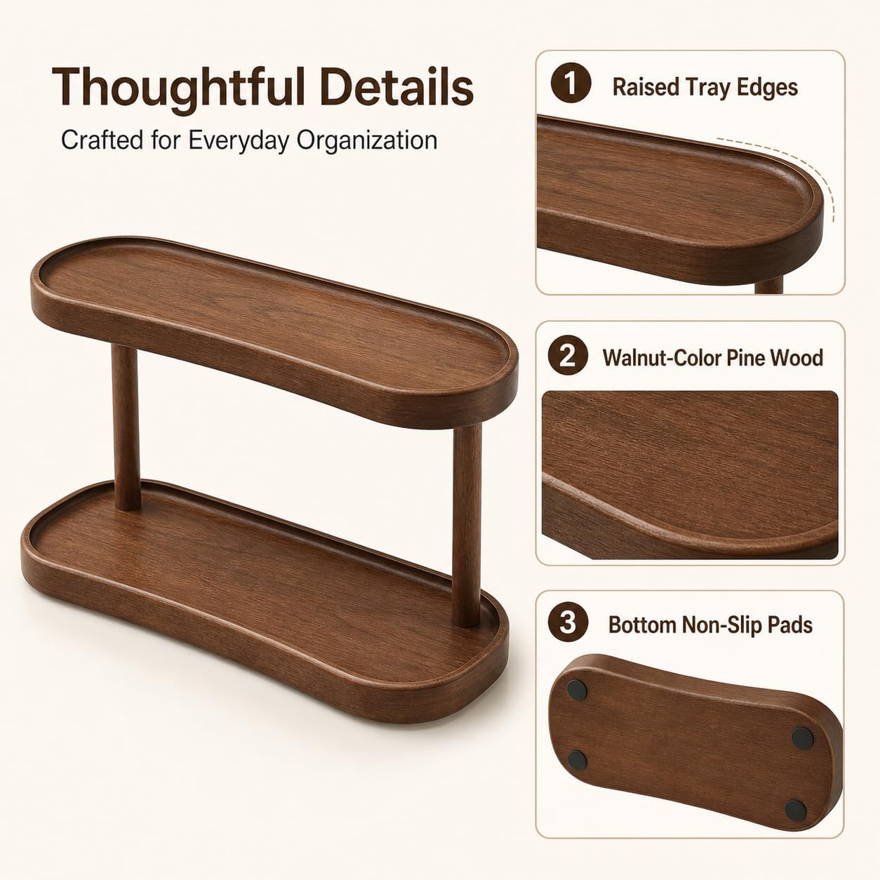 Adkoat® Two Tier Bathroom Desktop Countertop Organizer - Pine Wooden Perfume Vanity Stand Counter Shelf for Cologne Skincare Makeup Dresser Organizer - Matcha Station | Mug Display - 12.6 x 6.3 x 7.5