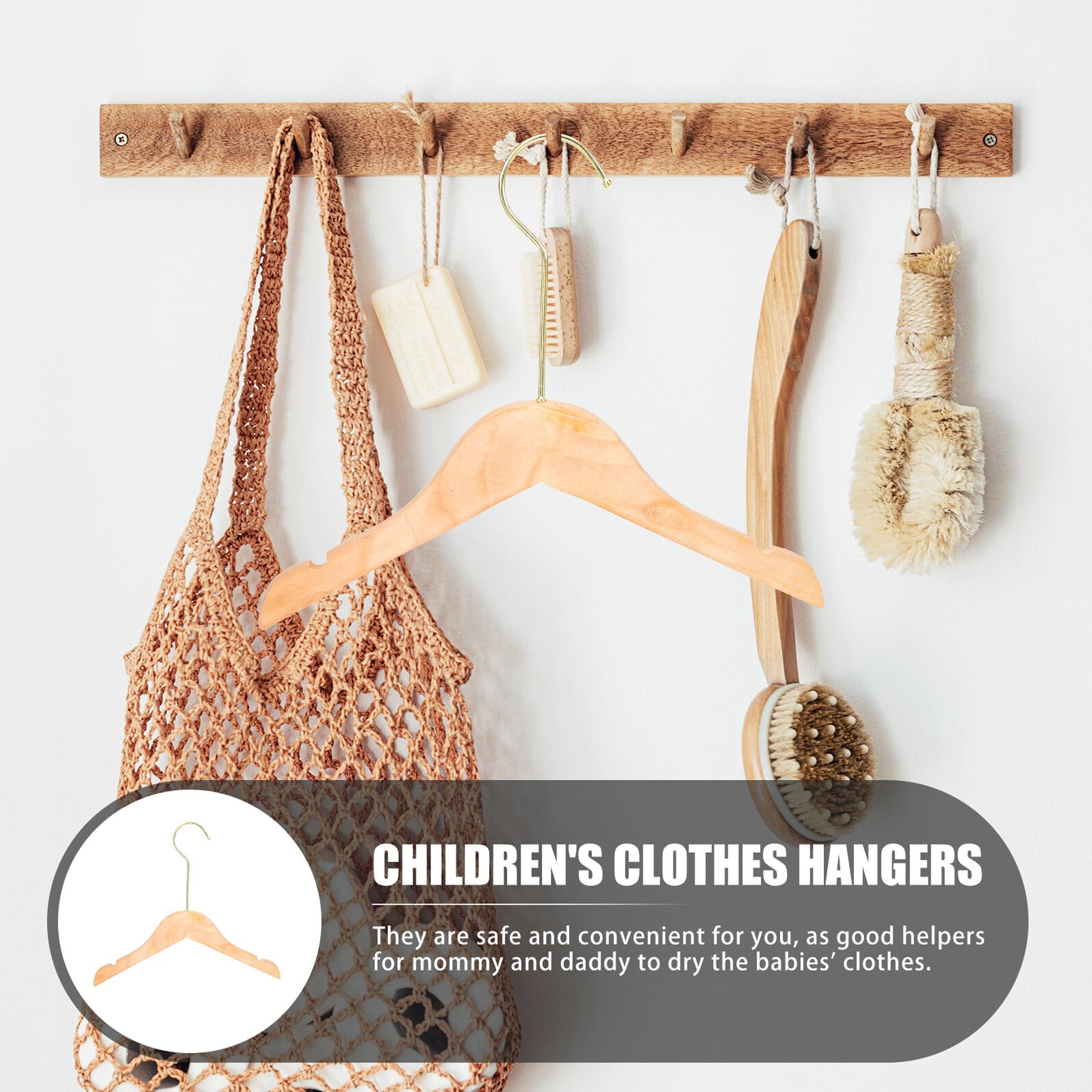 SOLUSTRE 10 Perchas Infantiles de Madera para Ropa de Ñiño y Niños, Paquete Seguro de 10 Unidades Gancho Dorado, Adecuado para Organizar en Tiendas y Hogares