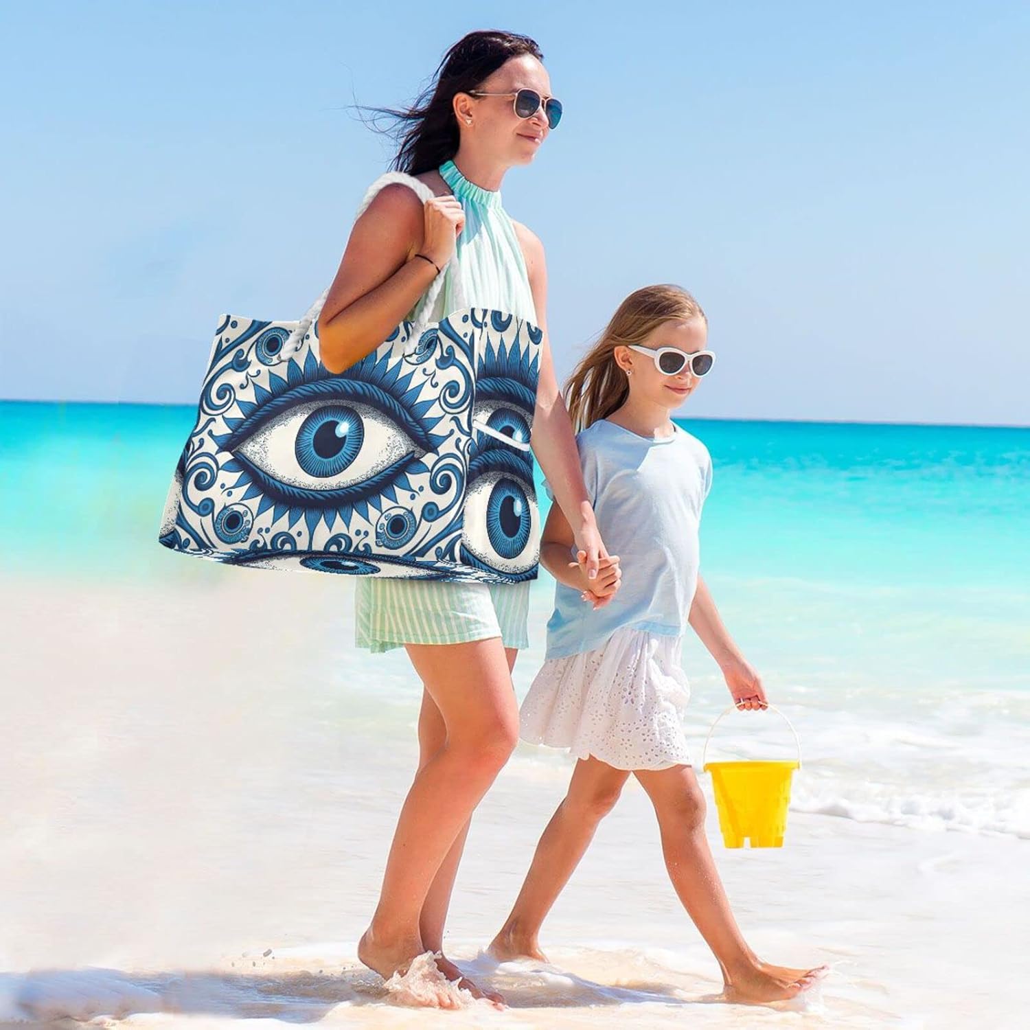 Vnurnrn Blue Patterns Eyes Evil-eye Beach Bag Tote for Women Men with Zipper, Large Shoulder Beach Tote Bag with Rope Handles, Travel Tote Bag for Seaside Gym Pool Daily, 20.5 X 7.3 X 15 inch