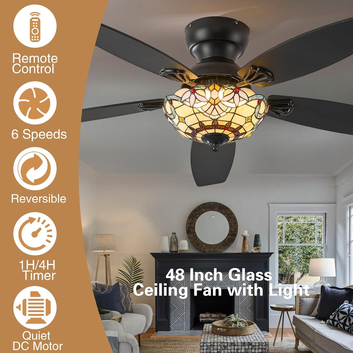 Tiffany Ceiling Fans with Lights - 48" Ceiling Fan Chandelier with 5 Dual-Blades and Glass Shade, 6 Speeds and Reversible, Indoor and Outdoor, Retro Style