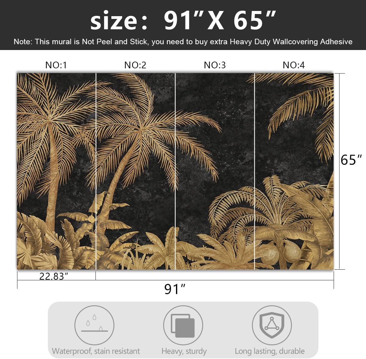 -Gold Palms Botanical Backdrop Large Fabric Wallpaper Retro Tropical Plant Bedroom Bathroom Wall Mural- 91"x65"（ not Peel and Stick）