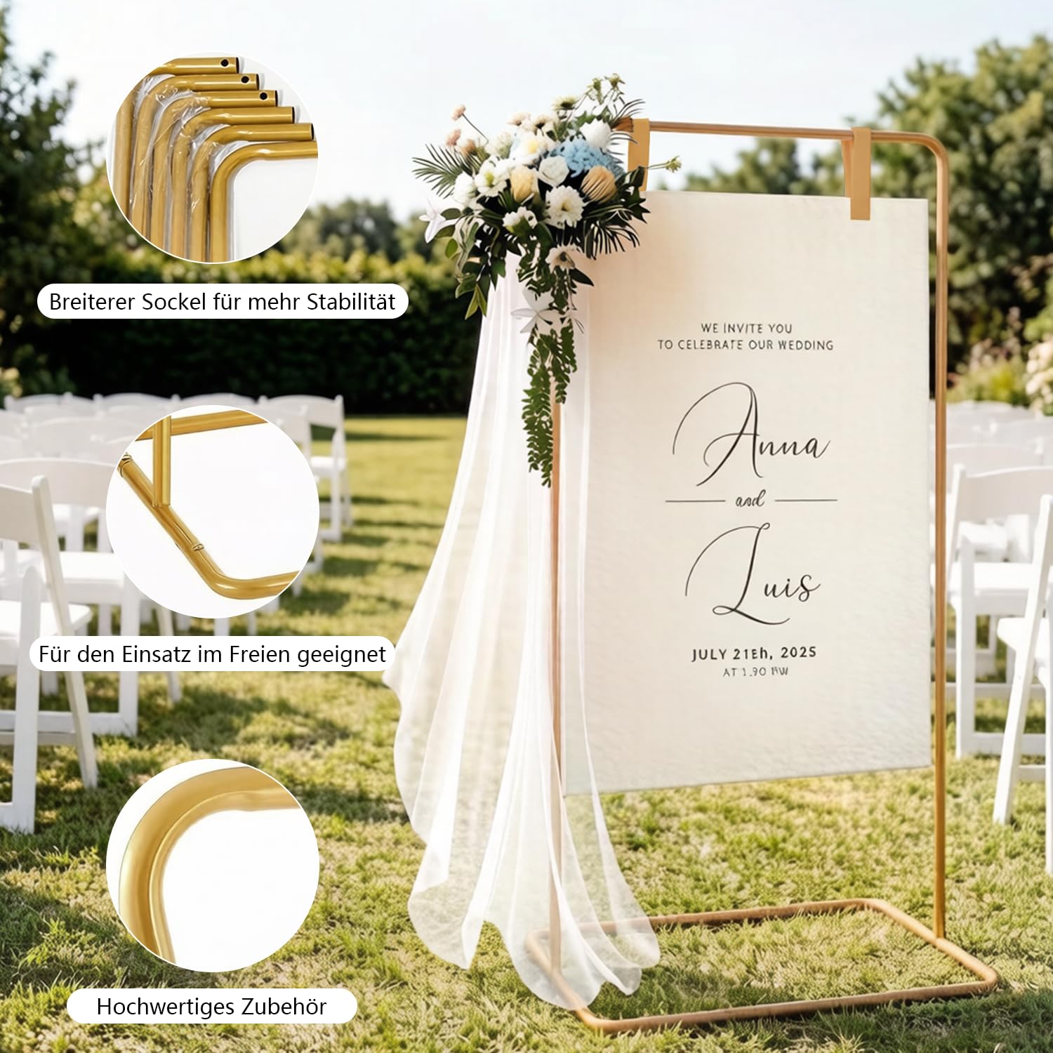 Hochzeitsschild Halter, Schweres Metall Quadratisches Hintergrundgestell 1.75m mit 4 Lederriemen für Outdoor & Indoor, Willkommensschild Halter für Partydeko, Posters, Hochzeit und Jede Feier