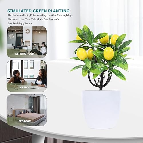 Miniatura 9 de INOOMP Decoración artificial de planta de árbol de limón, 9.45 pulgadas, mini tallos de frutas en maceta, decoración de macetas verdes falsas,