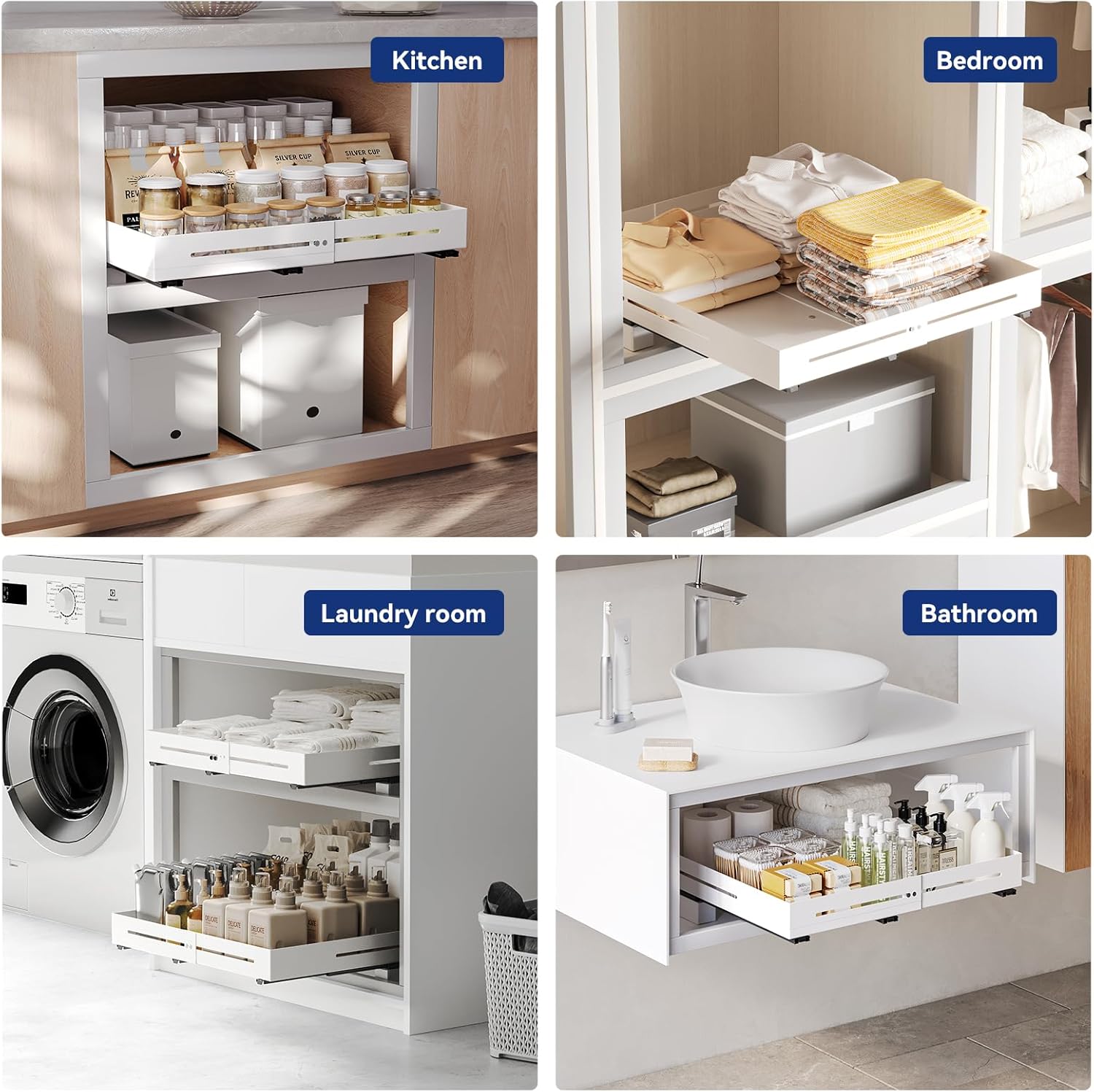 Pull Out Cabinet Organizer With Raising Pad for Framed Cabinets,Adjustable Depth(12.8"-17.5") And Width(14.8"-20.5"),Slide Out Drawers,No Drill Design,Heavy Duty Storing,White