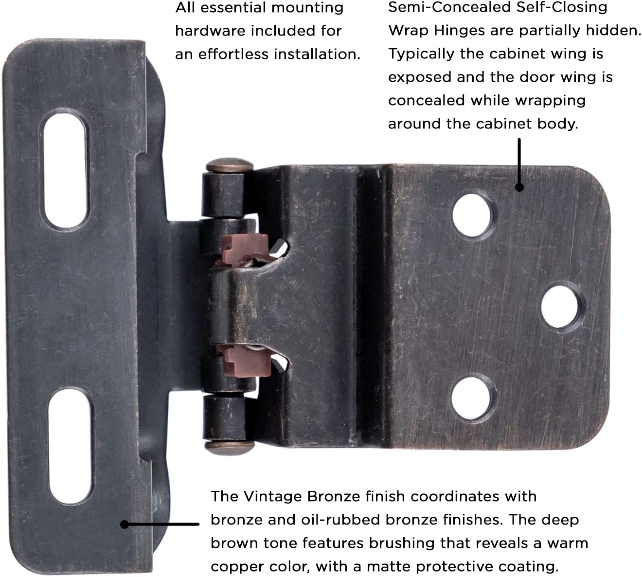 Hickory Hardware P61030F-VB-10B Self Closing Semi-Concealed Hinge 1/4 Inch Overlay, 3/8 Inch Inset - 170° Opening Angle Face Frame Cabinet Hardware Hinge Easy Installation Vintage Bronze 10 Pairs