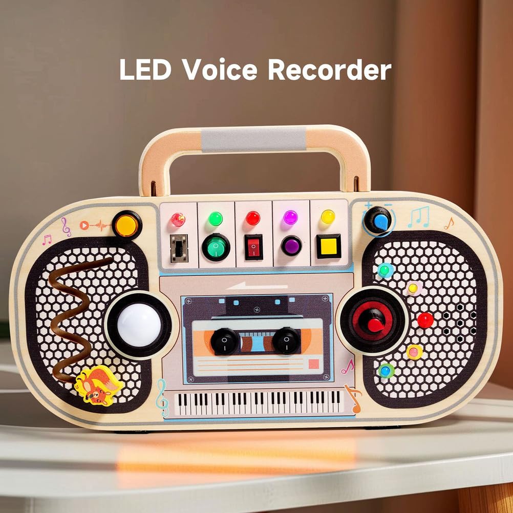 Tablero Ocupado de Madera con Grabadora de Voz LED, Juguete Educativo Montessori Temprano de Circuitos con Luz y Sonido