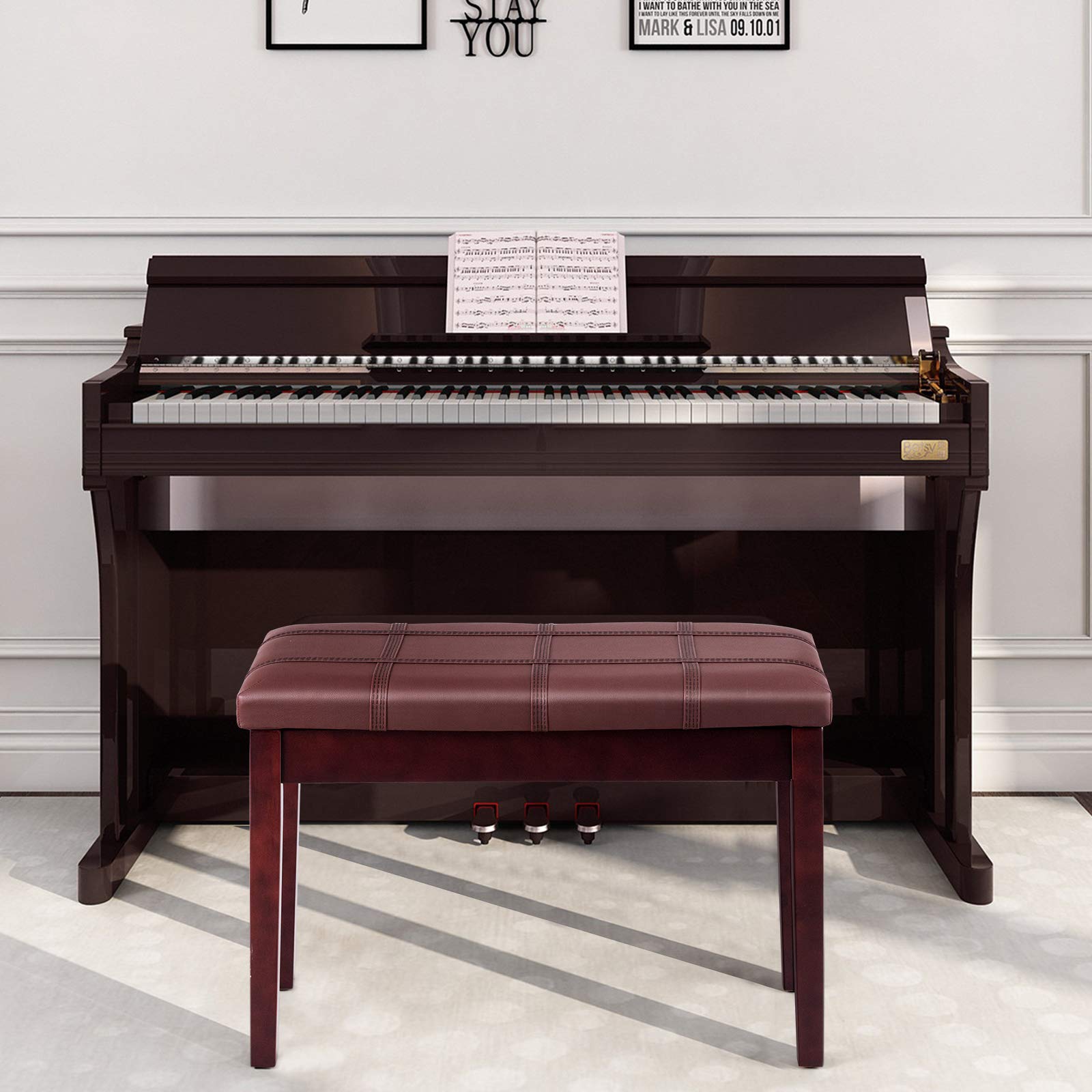 Klavierbank, Massivholz-Tastaturbank mit Ablagefach, exquisites Bein und dickem Kissen, klassischer, eleganter Klavierhocker, Duettsitz für Zuhause, 35,6 cm D x 74,1 cm B x 49,5 cm H (Braun,