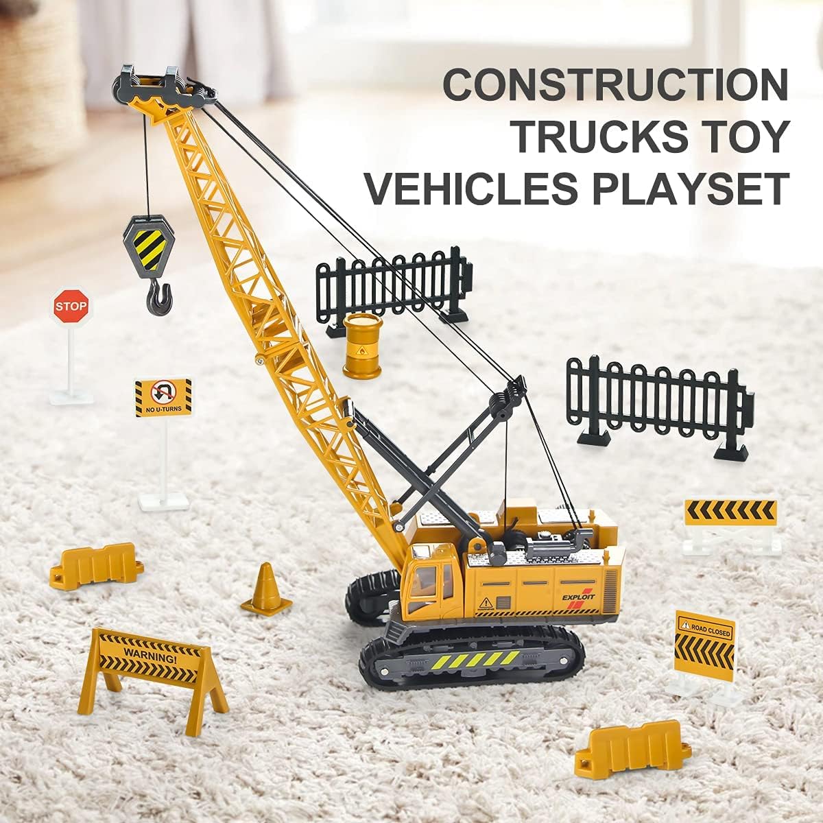 Coolplay Grue jouet camion bac à sable avec panneau de signalisation routière pour enfants, camion de construction 1:55 pour garçons de 3 ans