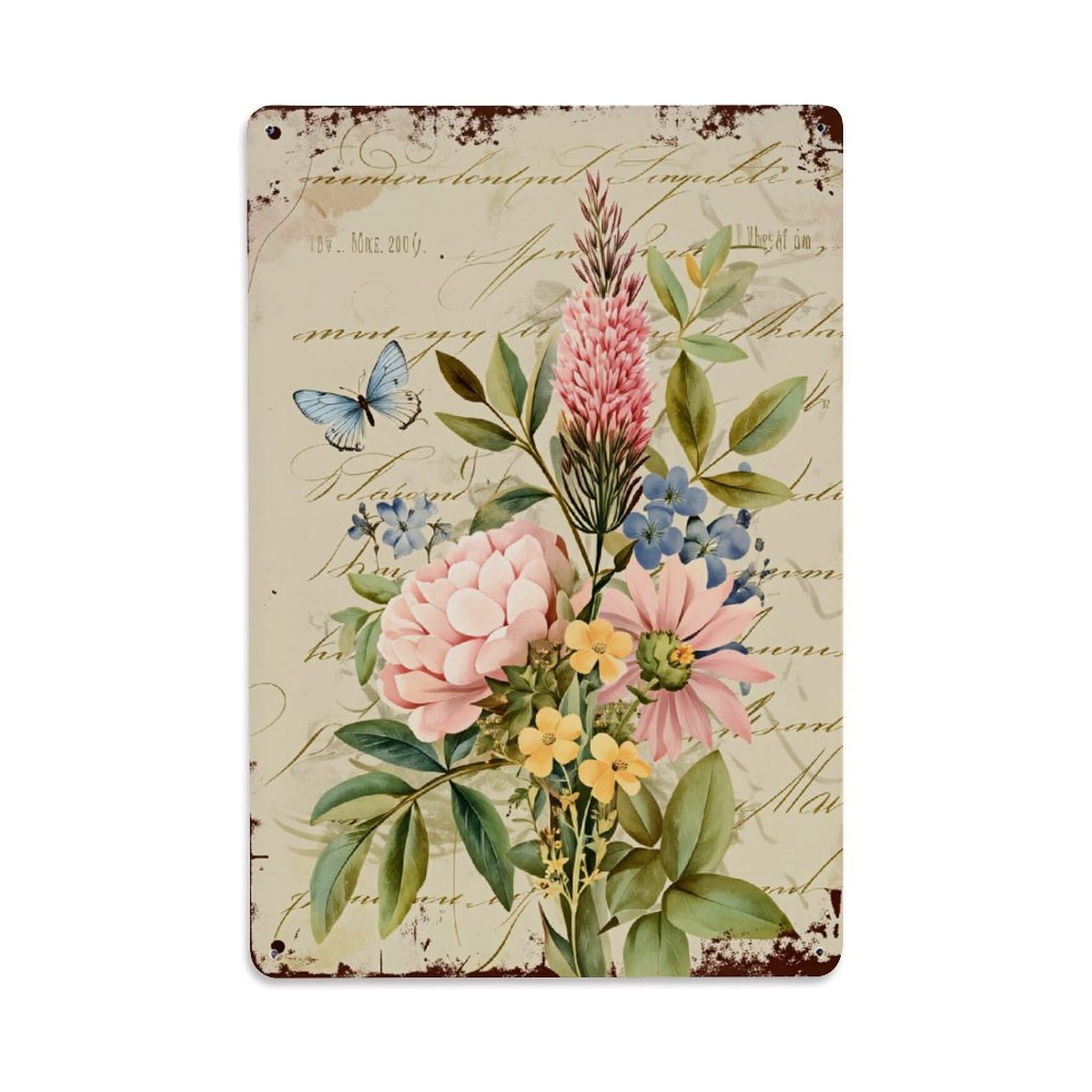 Enderetf Vintage Floral Bouquet With Butterfly And Script Background Tin Sign Metal Poster, Home Bar Garage Man Cave Cafe Indoor & Outdoor Wall Decoration 8X12inches