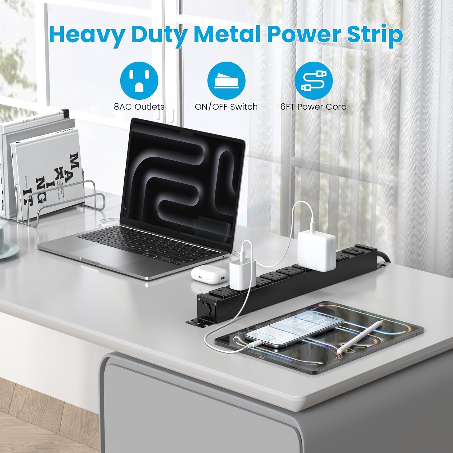 HHSOET Metal 360° Rotating Mountable Power Strip, 8 Outlet Surge Protector Power Strip, Heavy Duty Wall Mount Surge Protector with Switch,1200J,15A 125V 1875W, 10ft Power Cord.(Black)