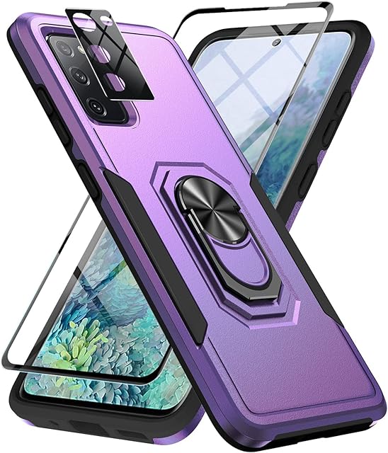 BinBoom for Samsung Galaxy S20 FE Case with 9H Tempered Glass Screen Protector and Lens Protector, Shockproof Military Grade Case Built-in Ring Stand, Support Magnetic Car Mount for S20 FE 5G (Purple)