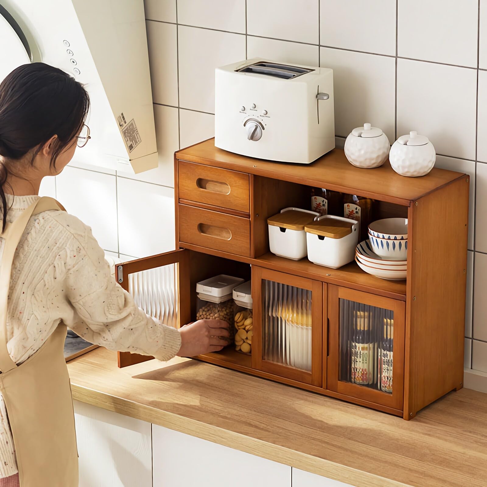 Amazon｜卓上食器棚 キッチン収納戸棚引き出し付き 竹製 レンジ台収納