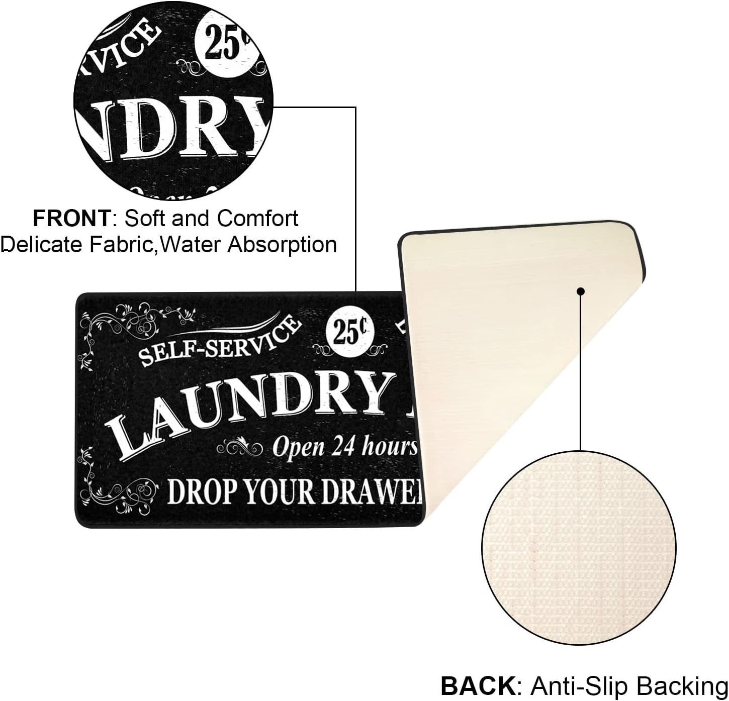 Runner Rug, Farmhouse Kitchen Floor Mat, Non Slip Laundry Room Decor, 20 X 47 inch, Black