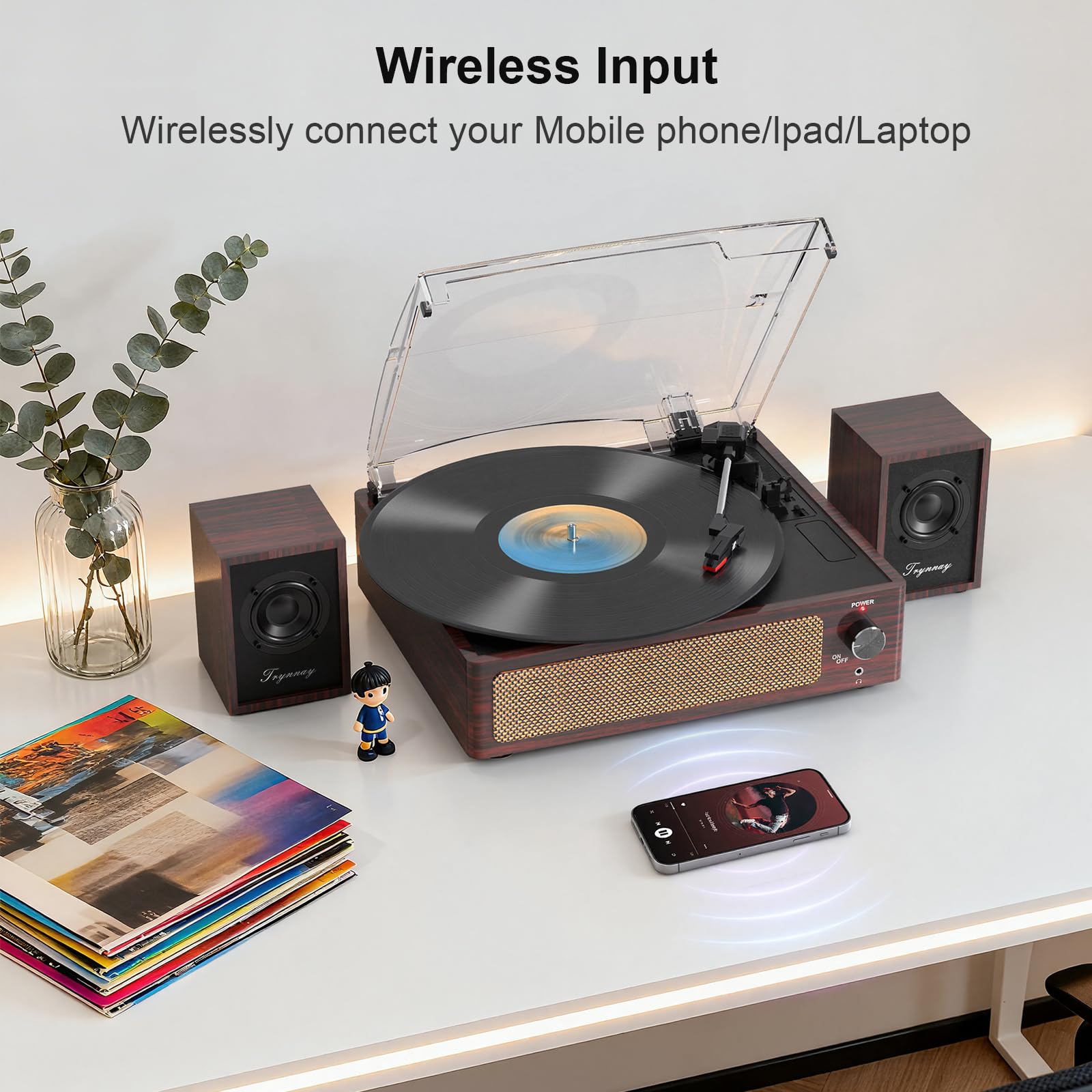 Trynnay Gramofon z pasywnymi głośnikami regałowymi, gramofon Bluetooth do płyt gramofonowych, 3 prędkości, bezprzewodowe wejście AUX, gniazdo słuchawkowe i funkcja automatycznego zatrzymania