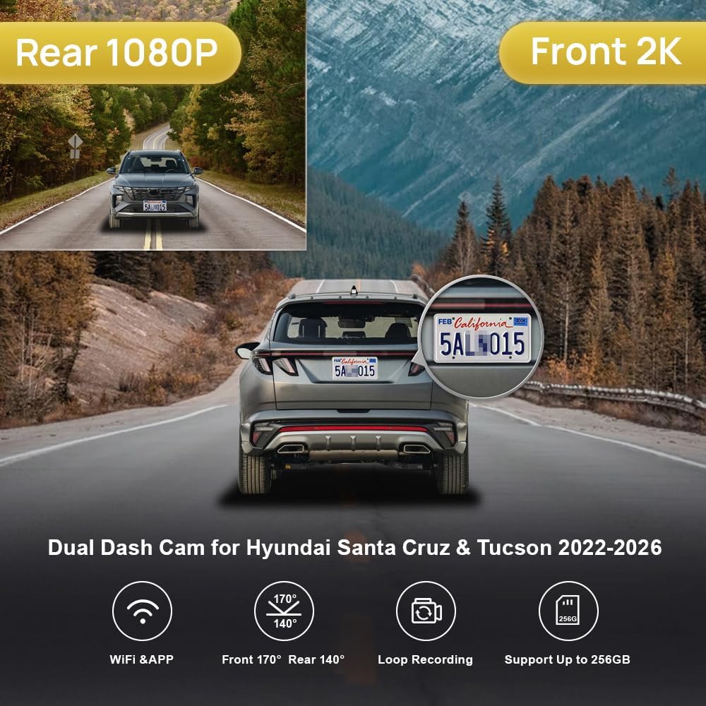 Fitcamx Front 2K+Rear 1080P Dash Cam Adapts for Hyundai Santa Cruz & Tucson 2022-2026 (Part NO#N9000), OEM Style, Dual HD Video, WiFi & APP, Loop Recording, Gravity Sensor, Easy to Set, 64GB Card