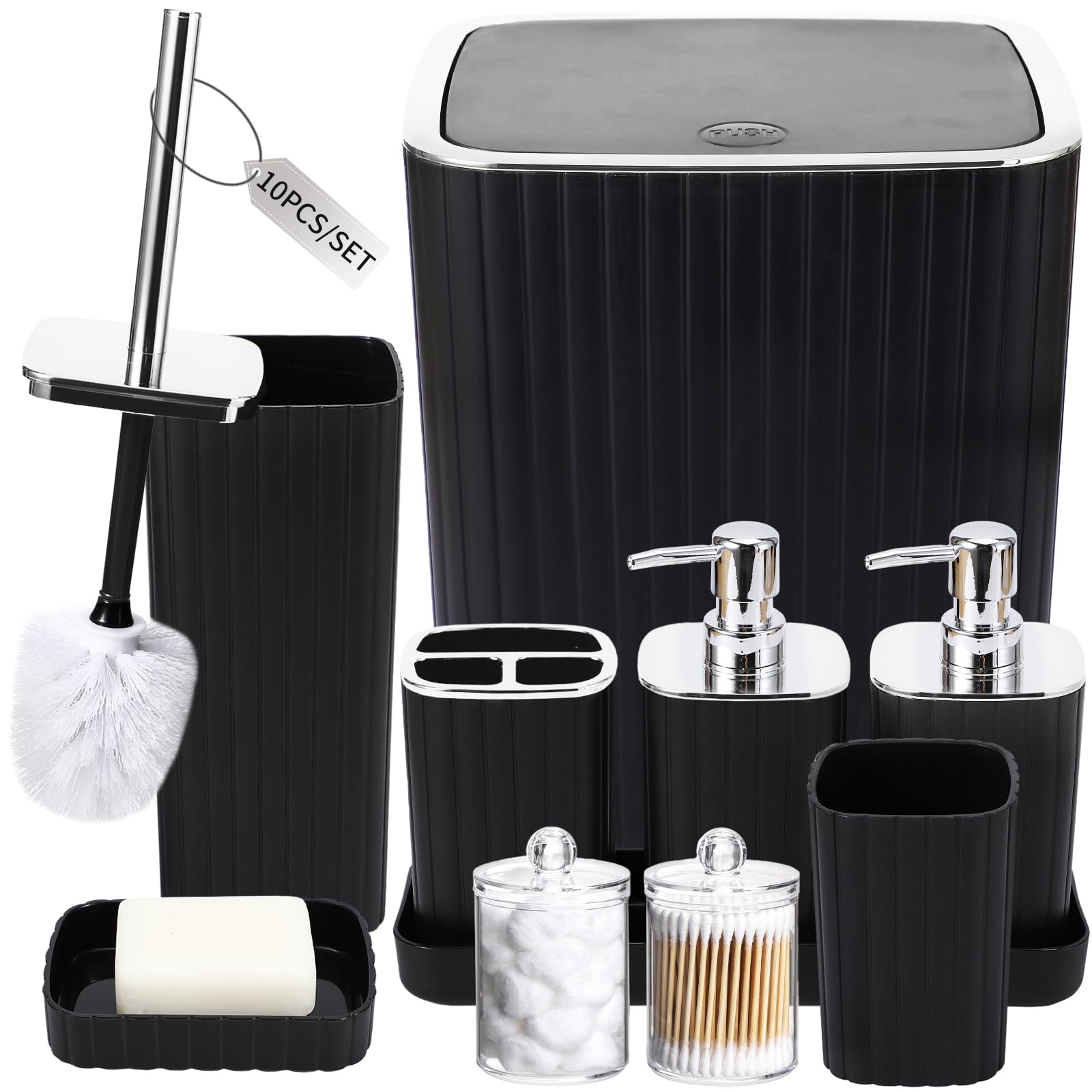 XLHOMO Bathroom Accessories Set - Gorgeous Bathroom Set, 10PC Black Bathroom Accessory Set, Toilet Brush, Trash Can, Qtip Holder & Soap Dispenser โ image 1