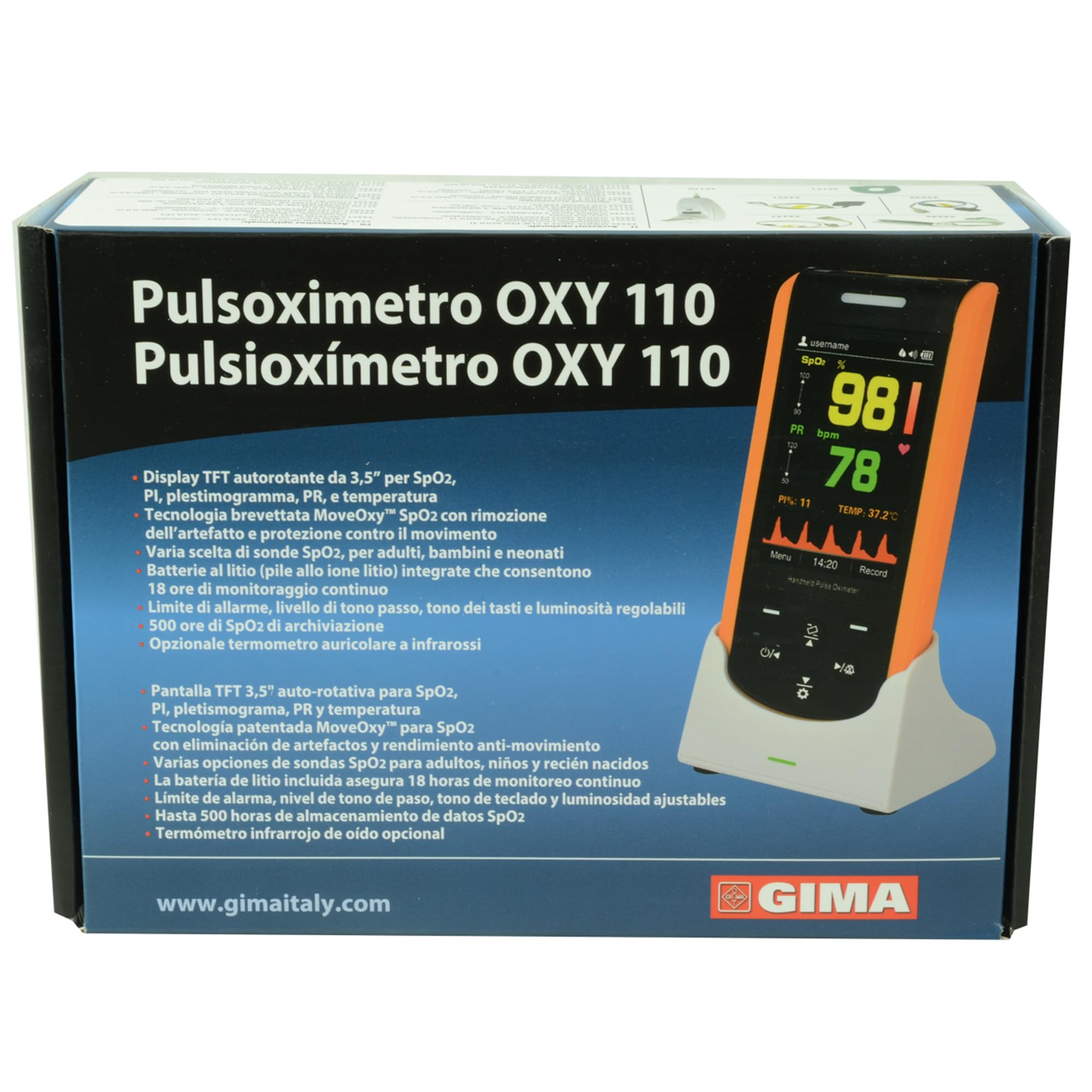 GIMA OXY-110 Digitales Pulsoximeter: genaue Überwachung der Blutsauerstoffsättigung (SpO2) und der Herzfrequenz, tragbares Fingerpulsoximeter, SpO2 - Mehrsprachiges Handbuch