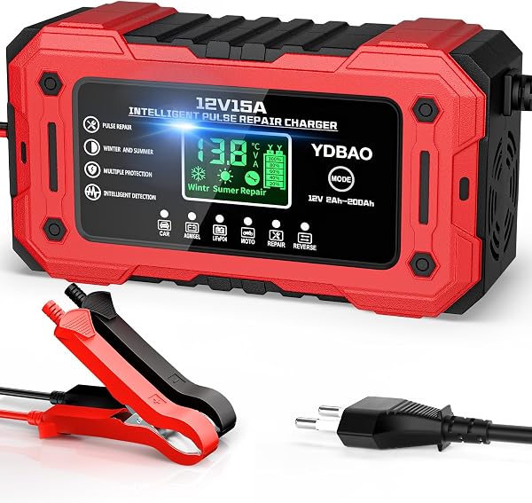 YDBAO Prostownik Samochodowy 15A 12V LiFePO4 AGM GEL EFB SLA WET | Inteligentna Ładowarka do Akumulatorów Auto i Moto z