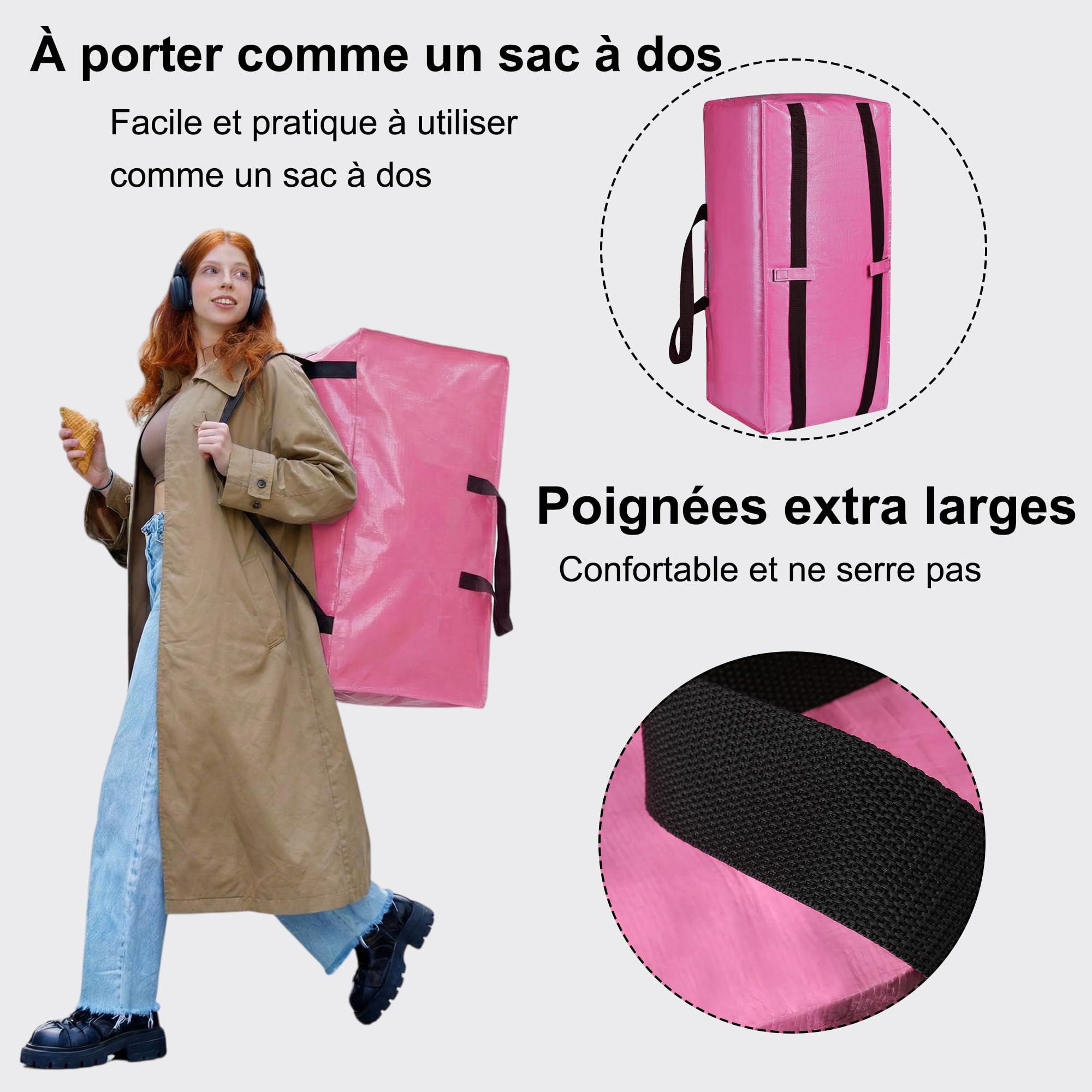 FUSHITON Sachets de Déménagement Rose 6 Pièces, Extra Large 83L Sacs de Rangement avec Fermeture Éclair & Poignées Renforcées, Sacs Pliables pour Déménagement, Vêtements, Literie